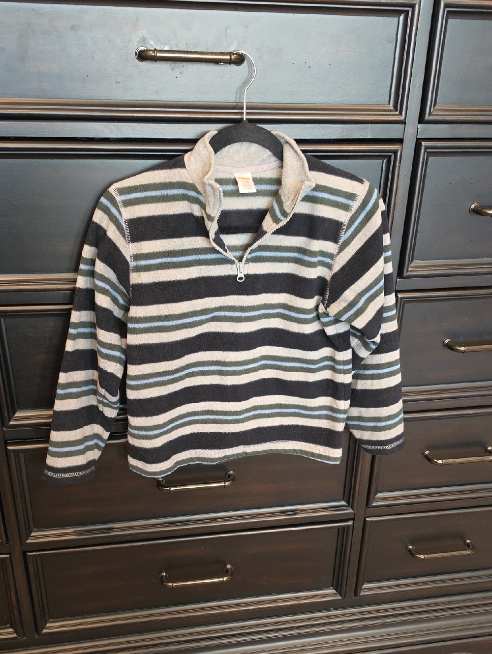 Boy's Striped Quarter-Zip Sweater - Black, Gray & Blue - Size Medium (7-8)